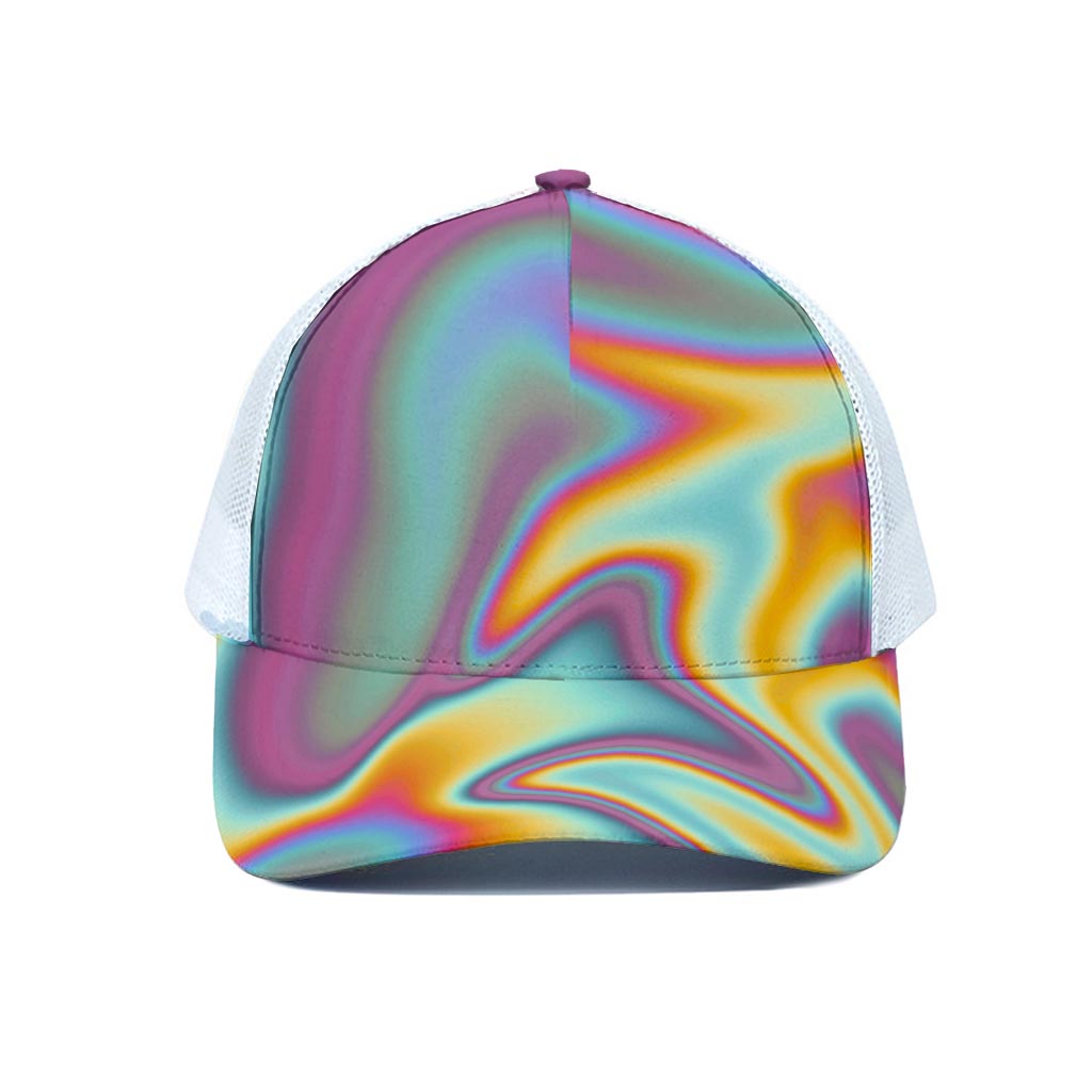 Liquid Holographic Trippy Print White Mesh Trucker Cap