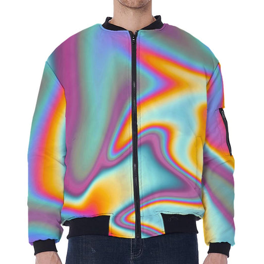 Liquid Holographic Trippy Print Zip Sleeve Bomber Jacket