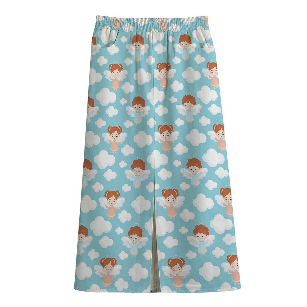 Little Angel Pattern Print Cotton Front Slit Maxi Skirt