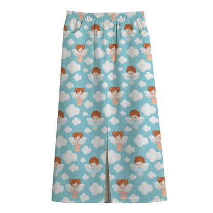 Little Angel Pattern Print Cotton Front Slit Maxi Skirt