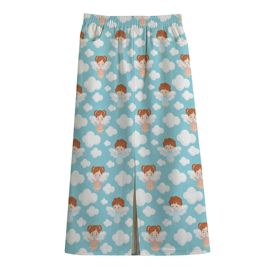 Little Angel Pattern Print Cotton Front Slit Maxi Skirt