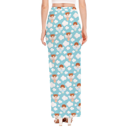 Little Angel Pattern Print High Slit Maxi Skirt