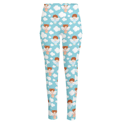 Little Angel Pattern Print High-Waisted Pocket Leggings