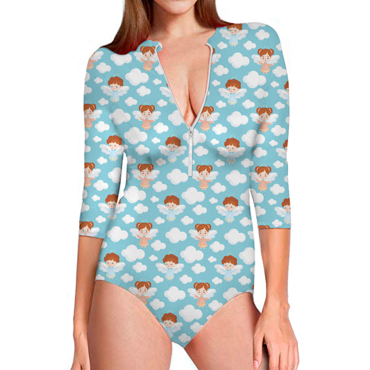 Little Angel Pattern Print Long Sleeve Swimsuit