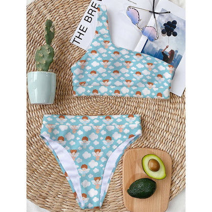 Little Angel Pattern Print One Shoulder Bikini Top