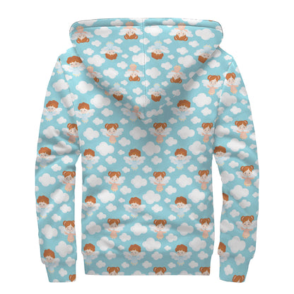 Little Angel Pattern Print Sherpa Lined Zip Up Hoodie