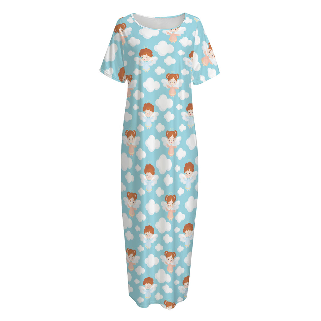 Little Angel Pattern Print Short Sleeve Long Nightdress