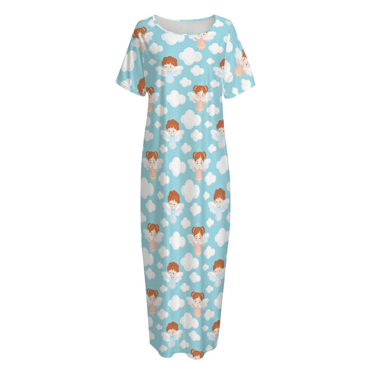Little Angel Pattern Print Short Sleeve Long Nightdress