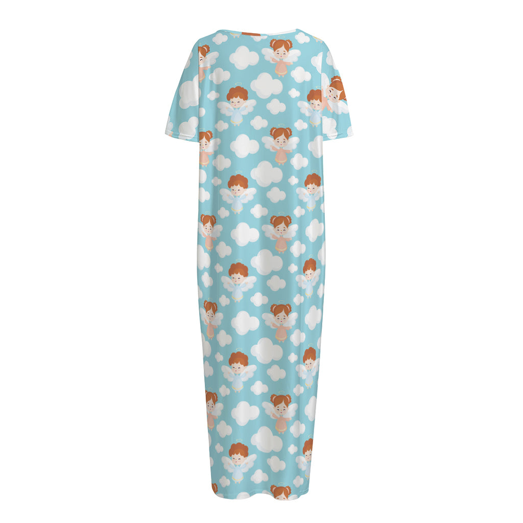Little Angel Pattern Print Short Sleeve Long Nightdress