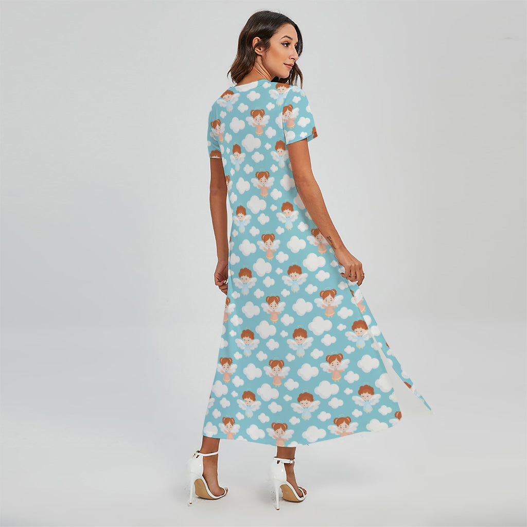 Little Angel Pattern Print Short Sleeve Maxi Dress