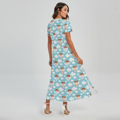 Little Angel Pattern Print Short Sleeve Maxi Dress