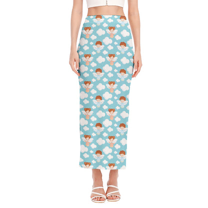 Little Angel Pattern Print Side Slit Maxi Skirt