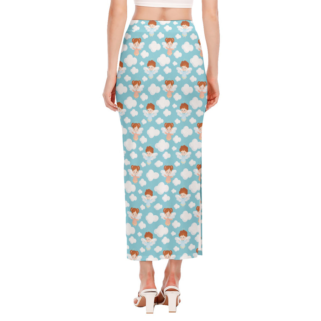 Little Angel Pattern Print Side Slit Maxi Skirt
