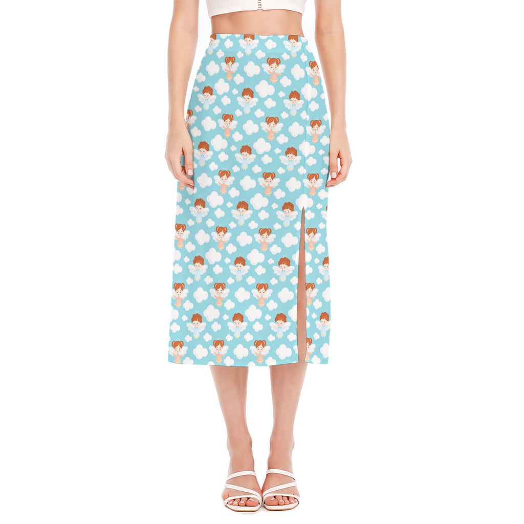 Little Angel Pattern Print Side Slit Midi Skirt