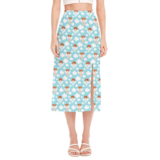 Little Angel Pattern Print Side Slit Midi Skirt