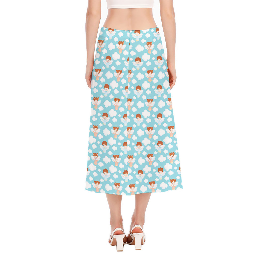 Little Angel Pattern Print Side Slit Midi Skirt
