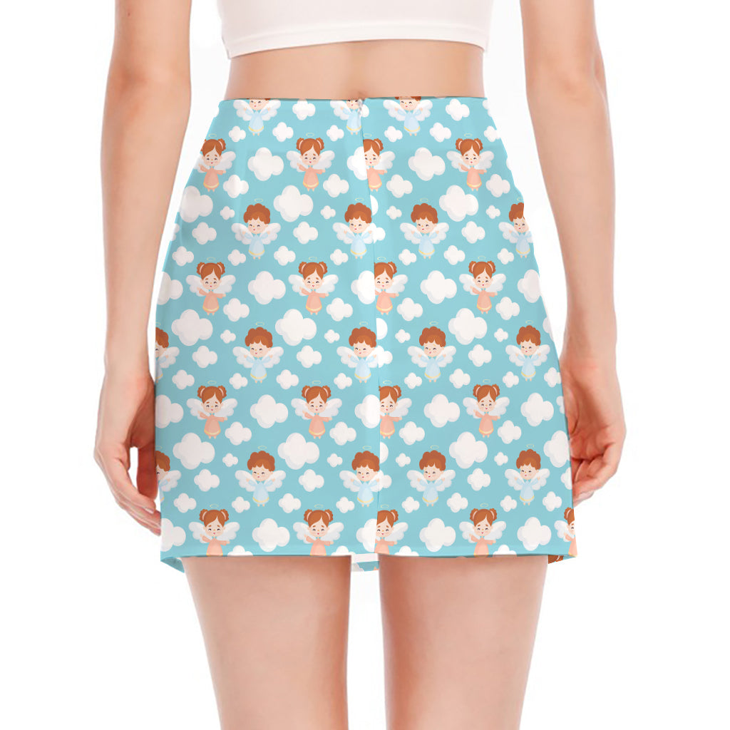 Little Angel Pattern Print Side Slit Mini Skirt