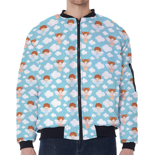 Little Angel Pattern Print Zip Sleeve Bomber Jacket