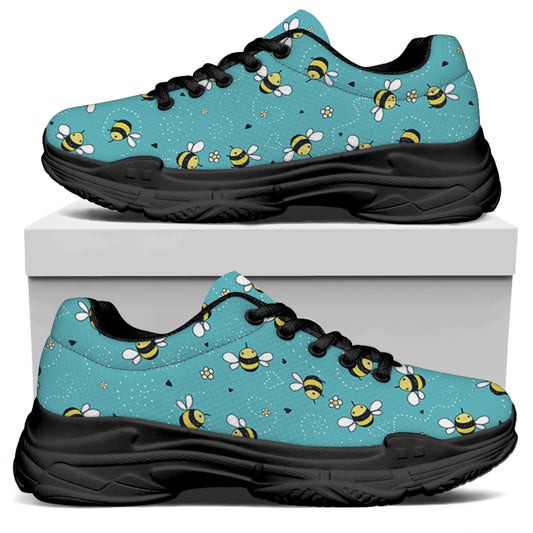 Little Bee Pattern Print Black Chunky Shoes