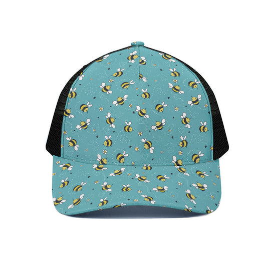 Little Bee Pattern Print Black Mesh Trucker Cap
