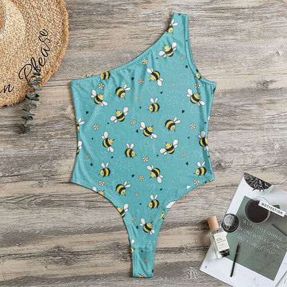 Little Bee Pattern Print One Shoulder Bodysuit