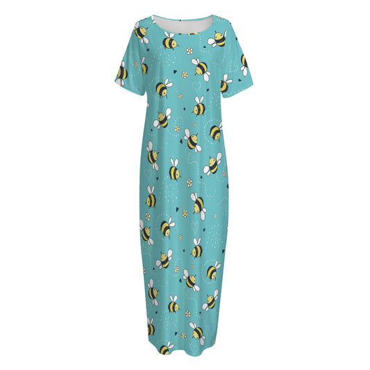 Little Bee Pattern Print Short Sleeve Long Nightdress