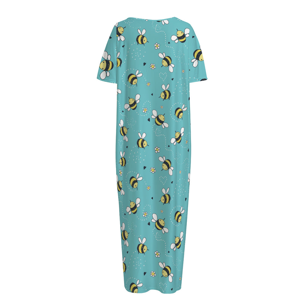 Little Bee Pattern Print Short Sleeve Long Nightdress