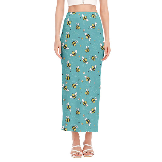 Little Bee Pattern Print Side Slit Maxi Skirt