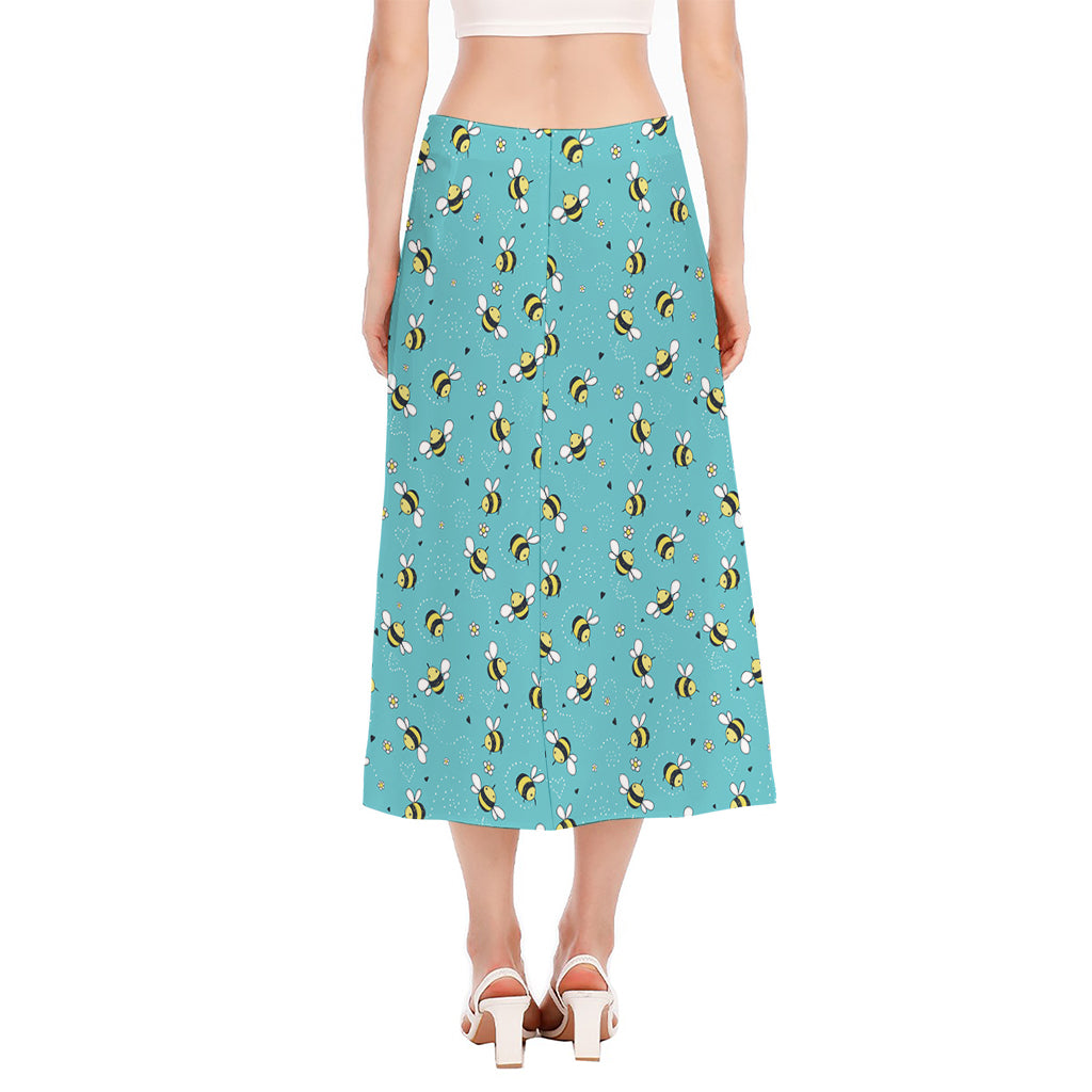Little Bee Pattern Print Side Slit Midi Skirt