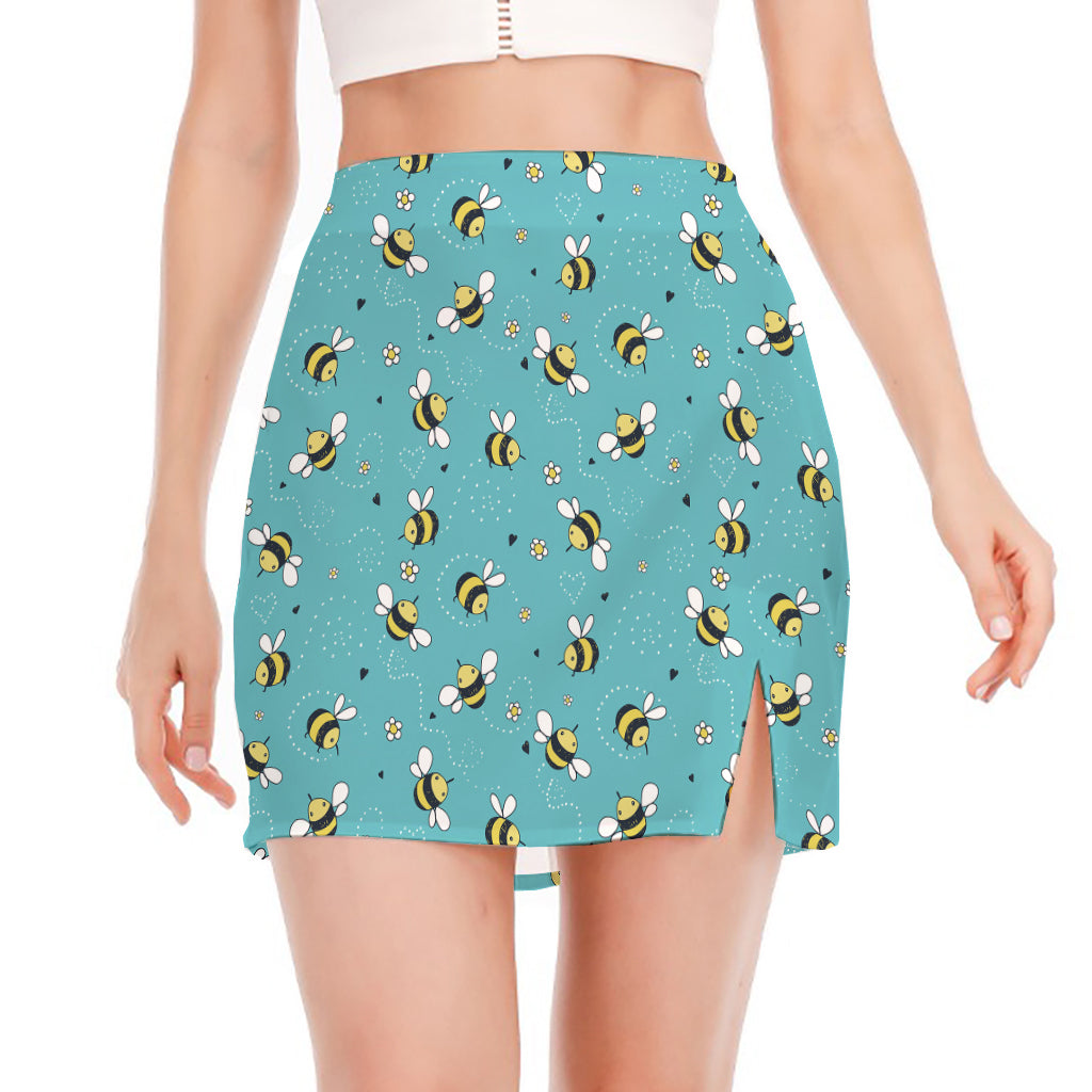 Little Bee Pattern Print Side Slit Mini Skirt