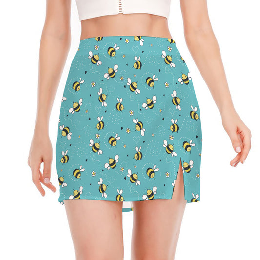 Little Bee Pattern Print Side Slit Mini Skirt