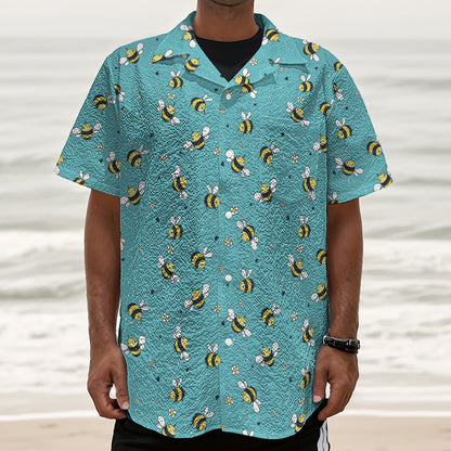 Little Bee Pattern Print Textured Short Sleeve Shirt