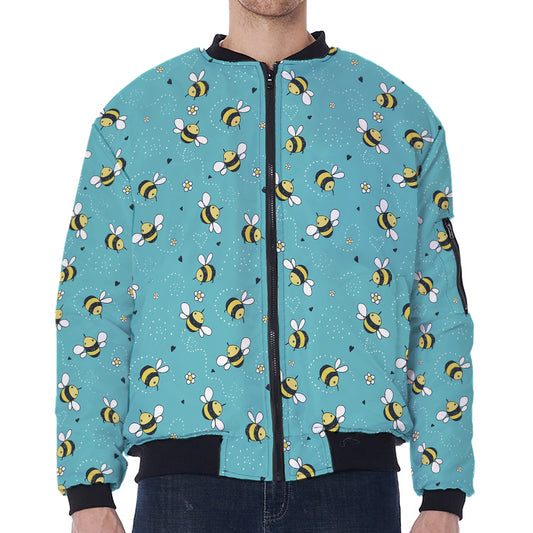 Little Bee Pattern Print Zip Sleeve Bomber Jacket