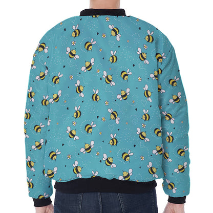Little Bee Pattern Print Zip Sleeve Bomber Jacket