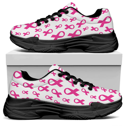 Little Breast Cancer Ribbon Print Black Chunky Shoes