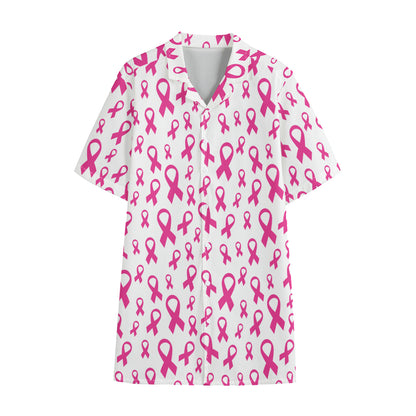 Little Breast Cancer Ribbon Print Cotton Hawaiian Shirt