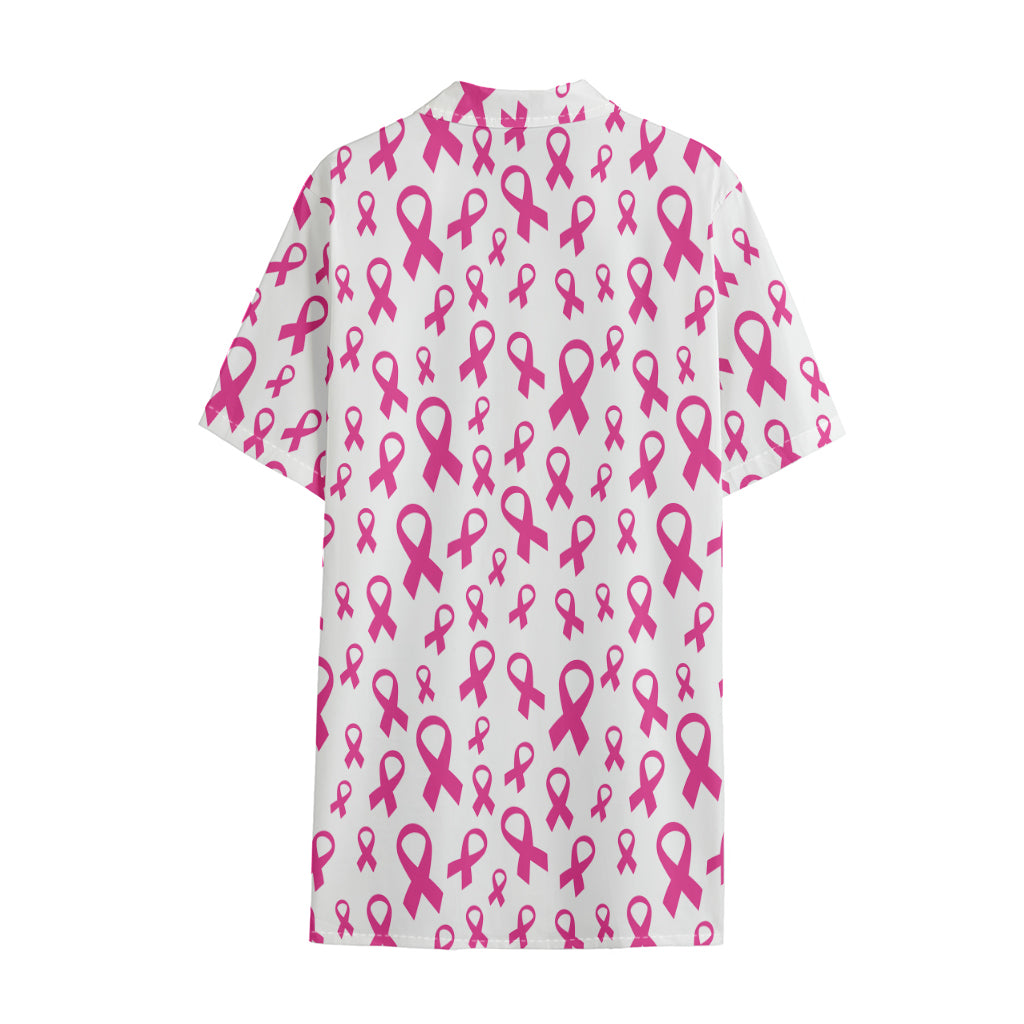 Little Breast Cancer Ribbon Print Cotton Hawaiian Shirt