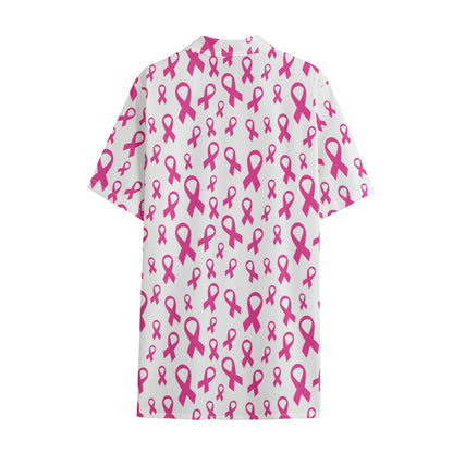 Little Breast Cancer Ribbon Print Cotton Hawaiian Shirt