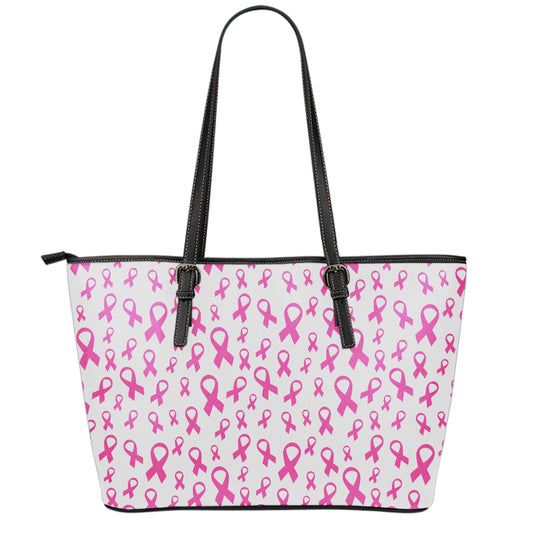 Little Breast Cancer Ribbon Print Leather Tote Bag