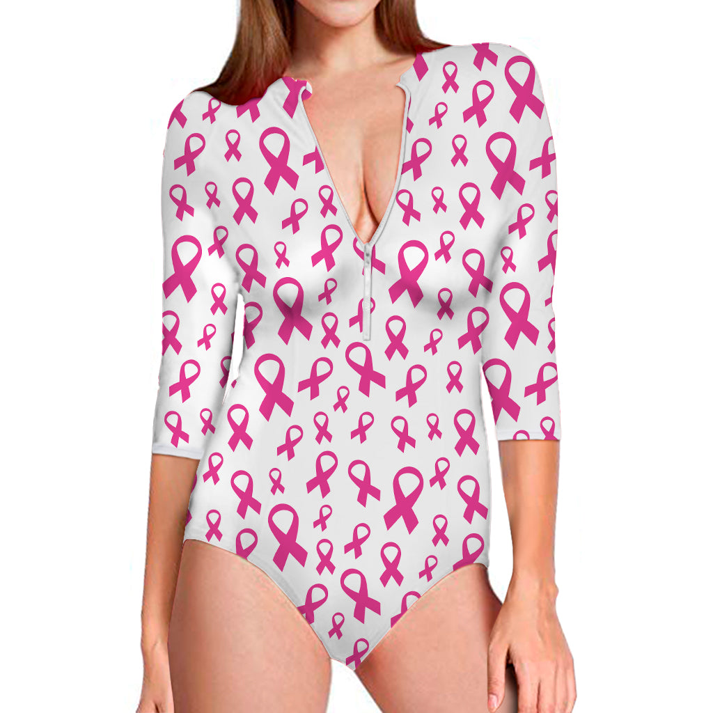 Little Breast Cancer Ribbon Print Long Sleeve Swimsuit