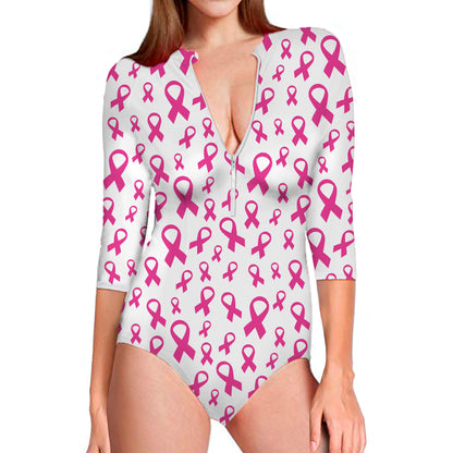 Little Breast Cancer Ribbon Print Long Sleeve Swimsuit