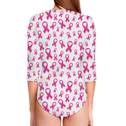 Little Breast Cancer Ribbon Print Long Sleeve Swimsuit