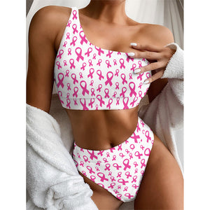 Little Breast Cancer Ribbon Print One Shoulder Bikini Top