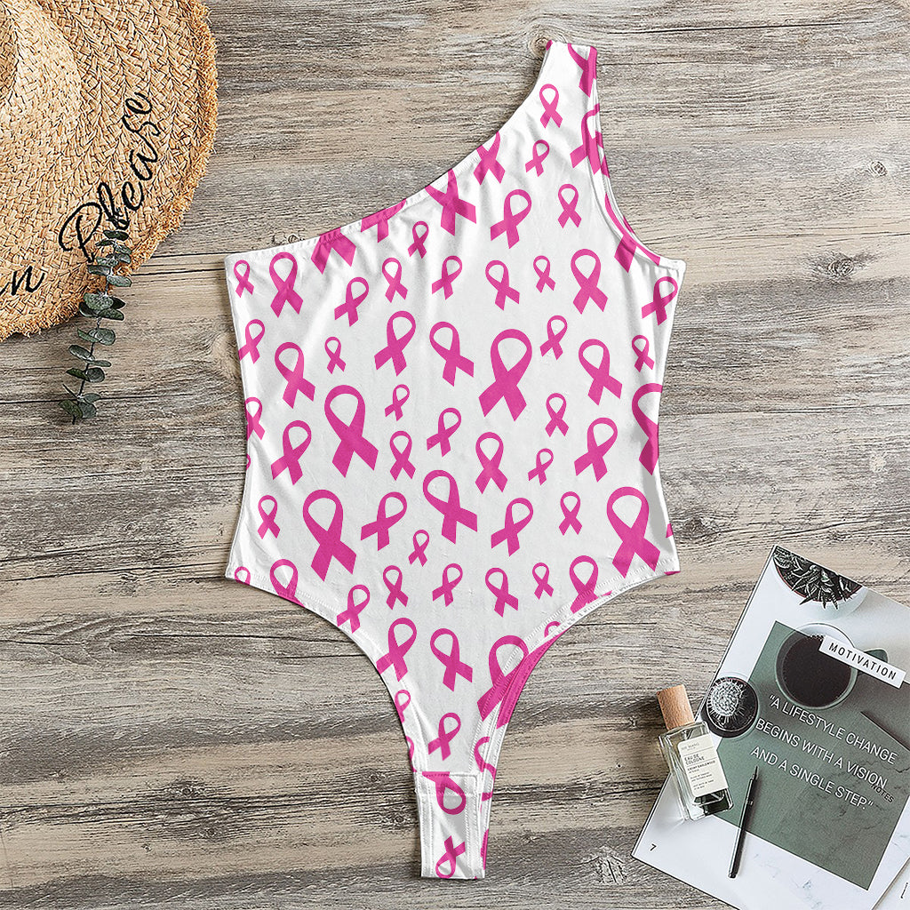 Little Breast Cancer Ribbon Print One Shoulder Bodysuit