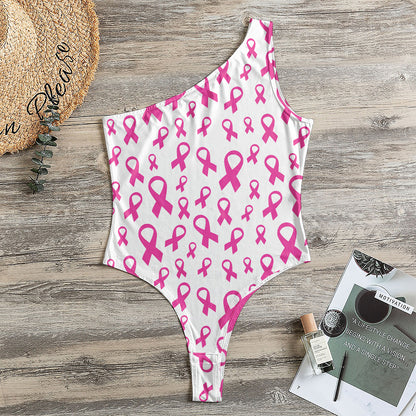 Little Breast Cancer Ribbon Print One Shoulder Bodysuit