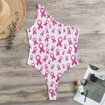 Little Breast Cancer Ribbon Print One Shoulder Bodysuit