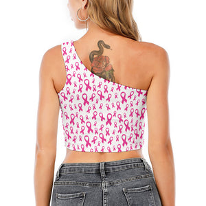 Little Breast Cancer Ribbon Print One Shoulder Crop Top