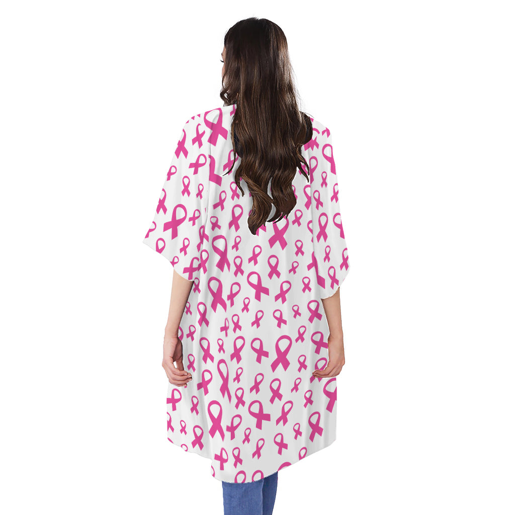 Little Breast Cancer Ribbon Print Open Front Beach Cover Up