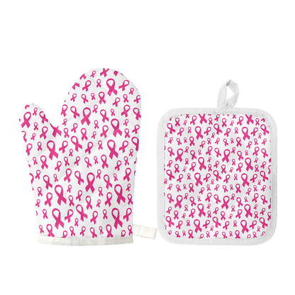 Little Breast Cancer Ribbon Print Oven Mitt And Pot Holder Set