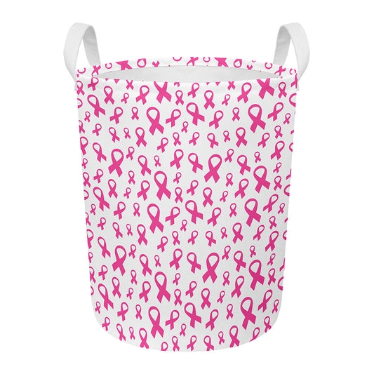Little Breast Cancer Ribbon Print Round Laundry Basket
